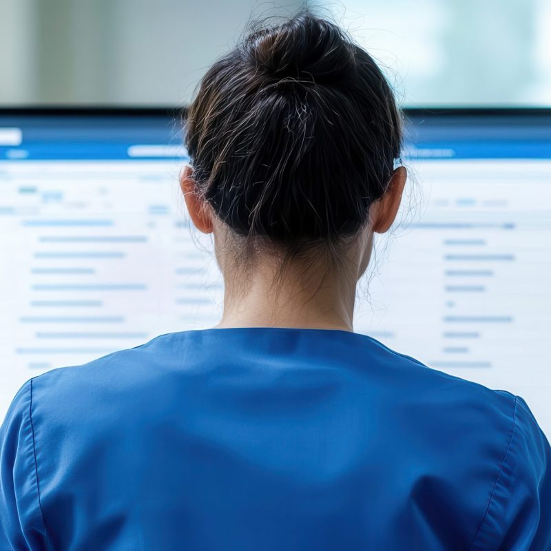 High-angle view of a computer screen displaying a detailed clinical spreadsheet, with patient data and treatment schedules, in a professional medical office High-angle view of a computer screen displaying a detailed clinical spreadsheet, with patient data and treatment schedules, in a professional medical office